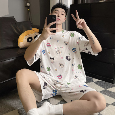 新品蜡笔小新情侣睡衣女夏季冰丝凉感短袖短裤卡通男莫代尔家居服
