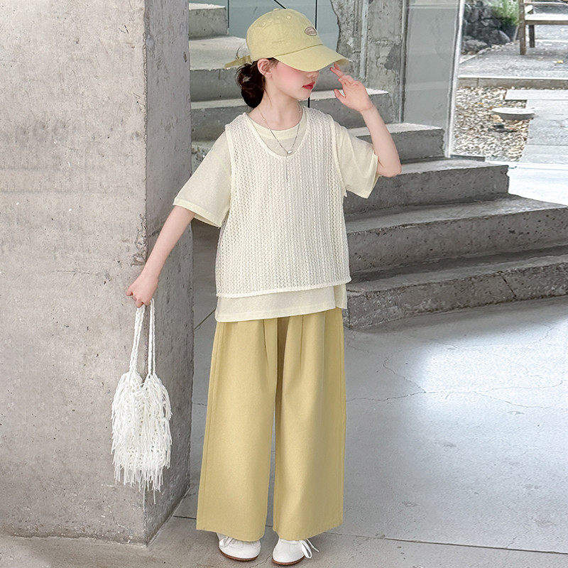 装时髦套装洋气2025新款儿童镂空阔腿裤夏季女大童三件套