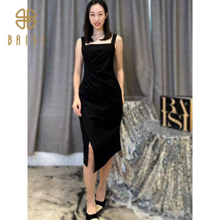 百丝法式赫本风开叉中2023冬季新品女神气质女