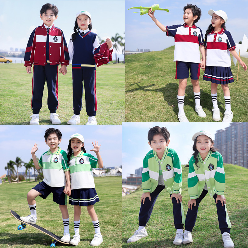英伦学院风绿色棒球服校服小学生春夏套装新款男班服幼儿园服