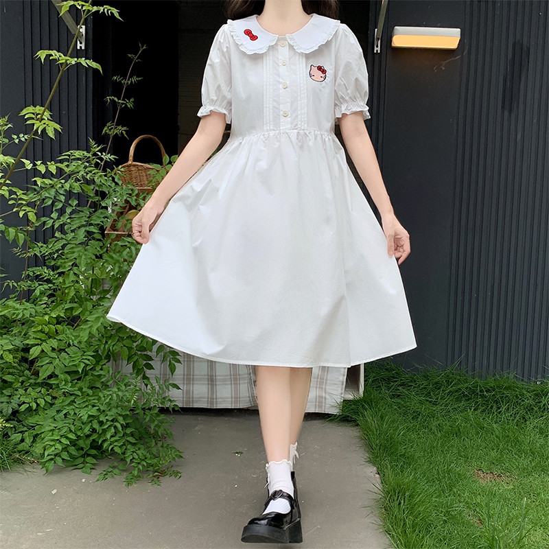 少女泡泡袖女大童夏装新款中小学生森系甜美收腰过膝娃娃裙