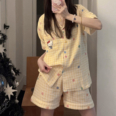 新品睡衣女款2025新款夏季纯棉短袖夏天薄款格子HelloKitty家居服