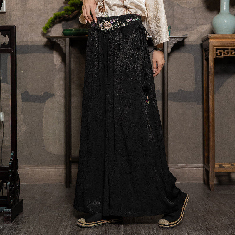 新中式百搭配国风阔腿裤裙夏春秋刺绣提花黑色白色加长裤茶服,女装/女士精品,休闲裤,淘宝优惠券,粉丝福利购,淘宝优惠卷