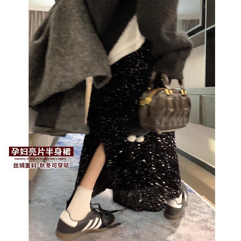 孕妇亮片丝绒2025春款宽松显瘦休闲裙托腹百搭黑色外穿