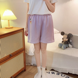 宽松大码 新品 三分裤 格子睡裤 可外穿学生休闲高级感居 少女夏天短裤