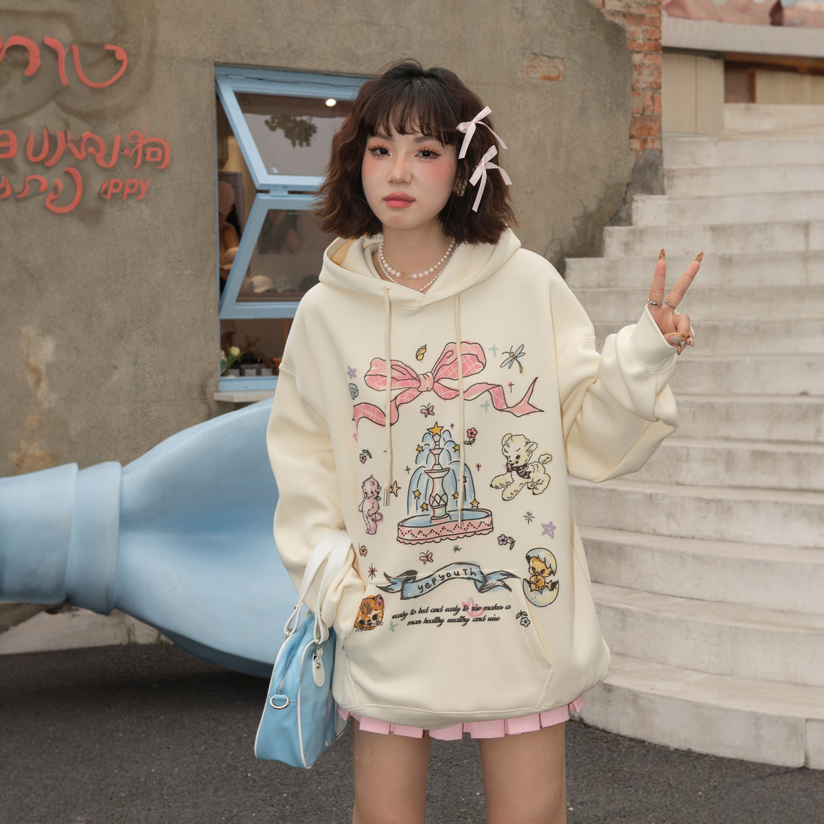 卡通印花休闲女春秋2024新款秋季设计感宽松少女连帽衫潮