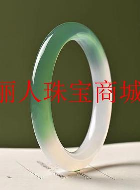 冰种玉髓圆条手镯女款油青色渐变色半山半水高冰种青绿玛瑙玉镯子