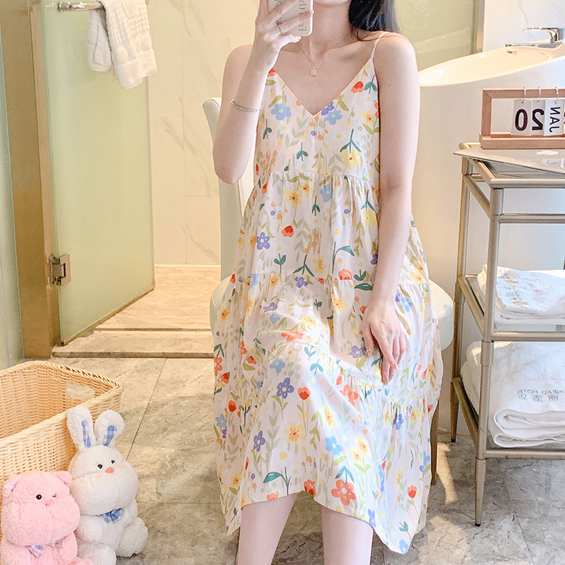 新品睡裙夏季女吊带棉绸小碎花睡衣夏天凉感人造棉少女可爱绵绸连