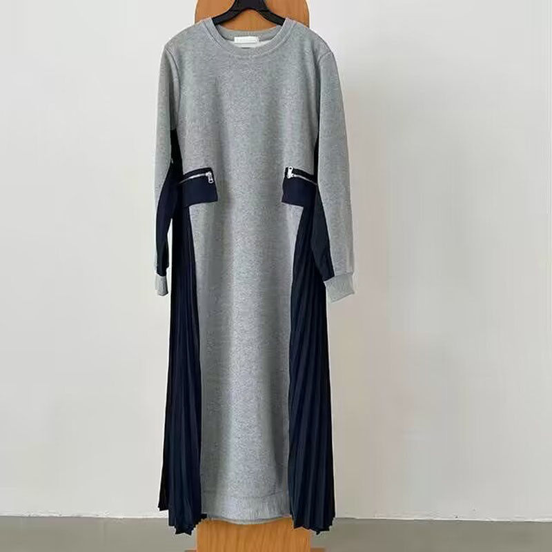 秋冬小众圆领撞色设计感宽松休闲拼接百褶女显瘦连身裙