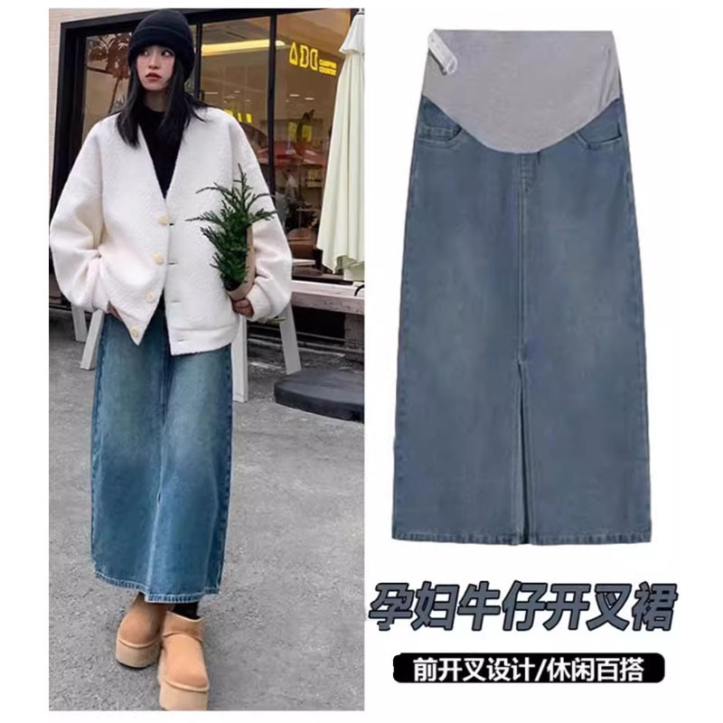 孕妇牛仔春秋季百搭宽松开叉裙托腹休闲薄款显瘦垂感中