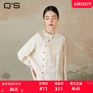 秸熙春秋新款休闲新中式改良轻国风套头空调衬衫竹叶提花长袖