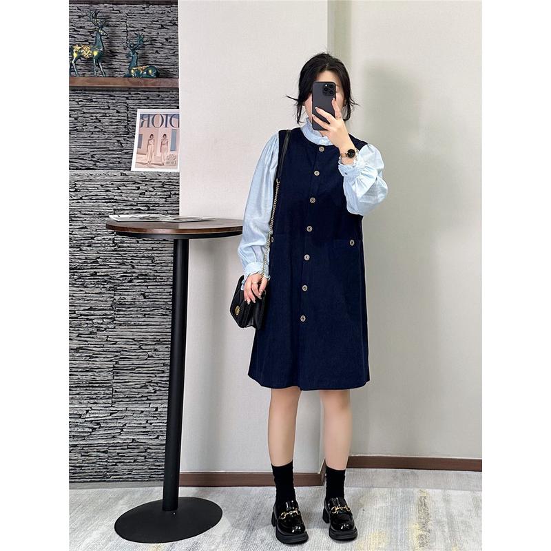 两件套长袖大码胖mm衬衫马甲秋冬套装巨显瘦遮肉时髦女