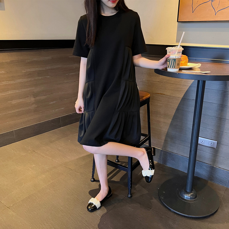 老莫家微胖mm气质黑色女中长款2025夏季新款韩版大码裙