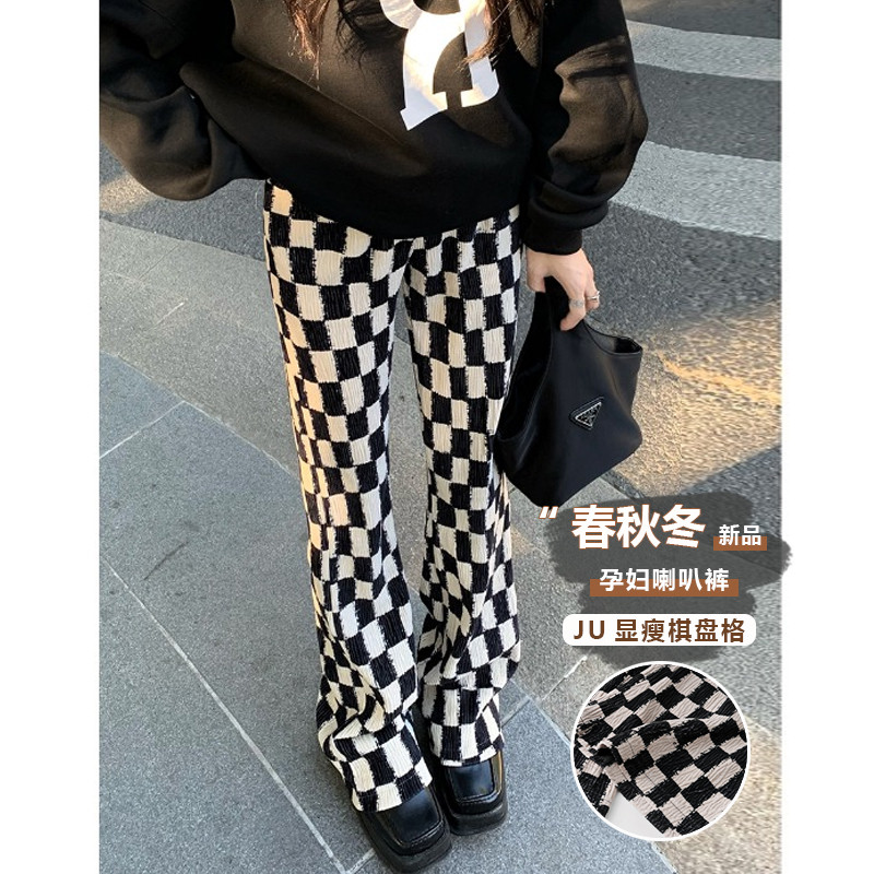 孕妇棋盘格阔腿2023新款春秋季外穿宽松显瘦喇叭加厚休闲长裤