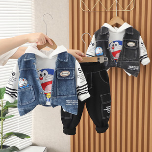 宝宝牛仔马甲春秋2023新款儿童秋款男孩外穿卡通三件套男童套装潮