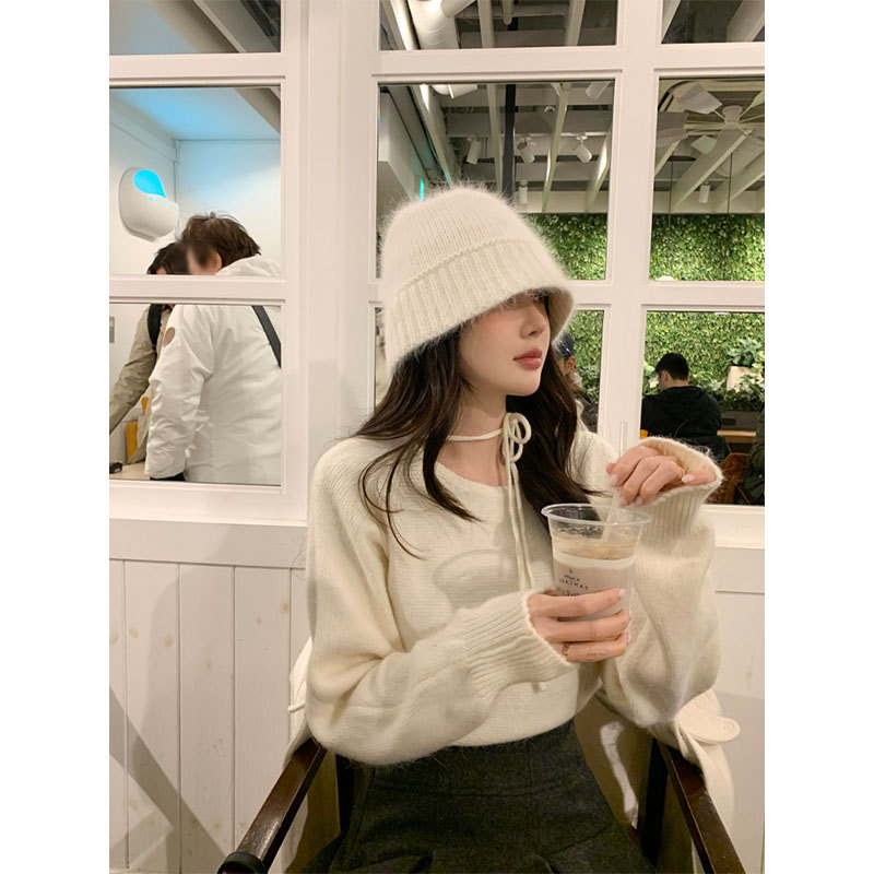 温柔风氛围感洋气甜美显瘦百搭长袖圆领挂脖绑带软糯衫毛衣女