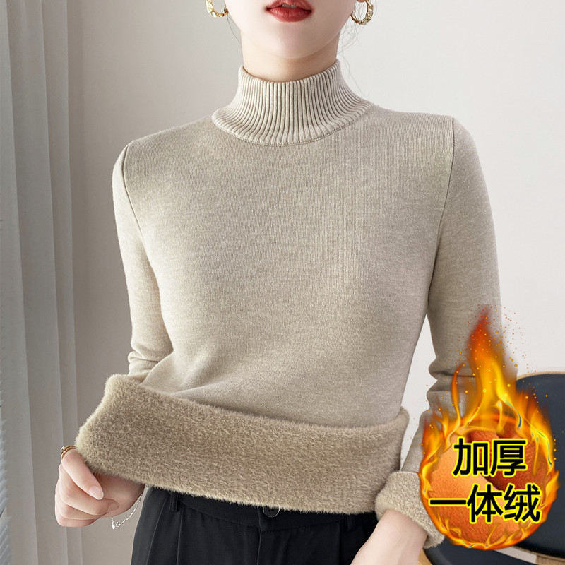 秋冬季加绒毛衣女加厚一体绒打底衫半高领衫内搭保暖