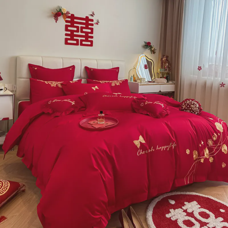 结婚床上用品四件套婚庆纯棉100全棉床单被套大红色喜被新婚嫁房4,床上用品,婚庆床品套件,淘宝优惠券,粉丝福利购,淘宝优惠卷