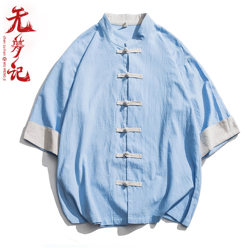 无梦记中国风男士夏季五分袖休闲宽松情侣盘扣衬衫潮