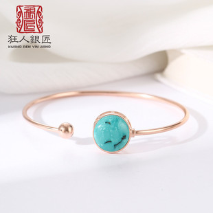 S925银手镯空托女简约气质开口手镯DIY镶嵌蜜蜡琥珀绿松石10-14mm
