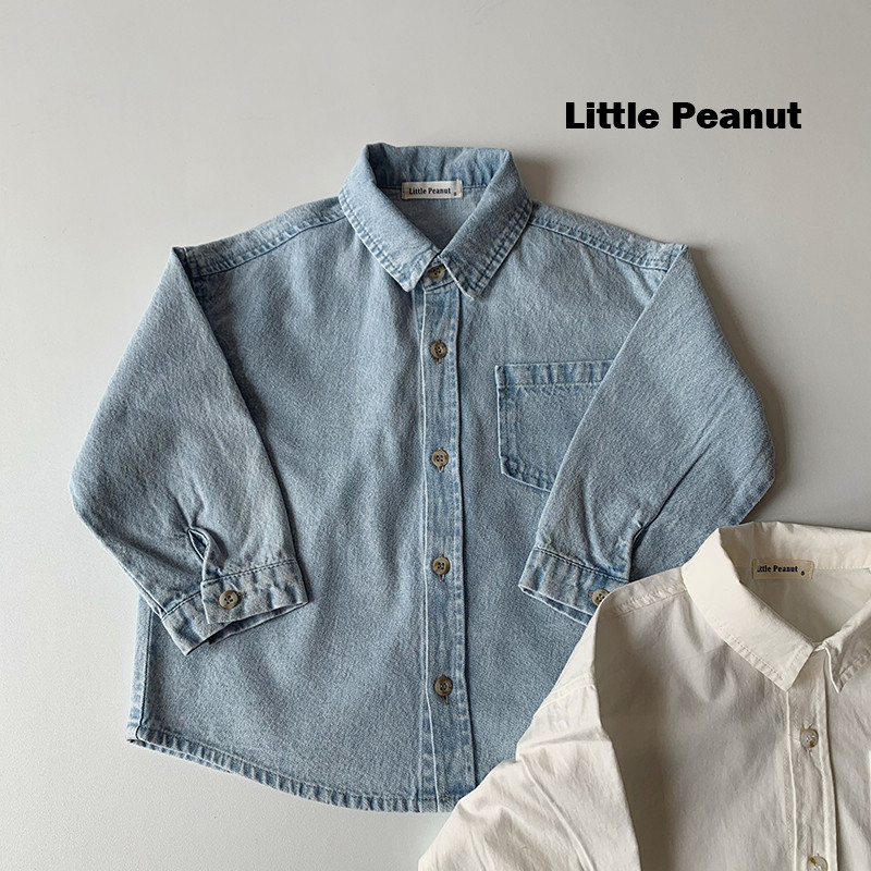 自造 做旧水洗纯棉牛仔衬衫白 男宝女宝春秋