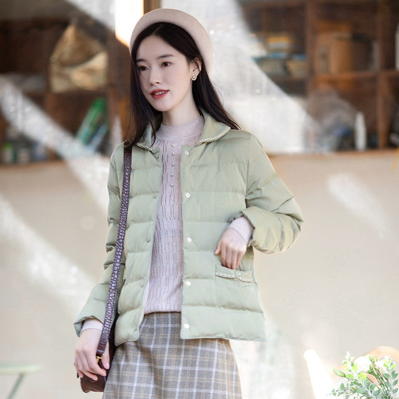 纻衣绿色绣花羽绒棉服女2024冬装新款短款小个子棉袄保暖