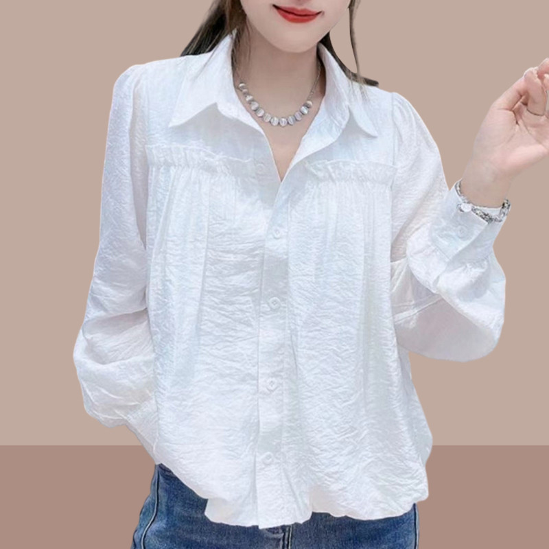 2025春秋季新款女士长袖衬衫大码胖mm遮肚子显瘦衬衣白色