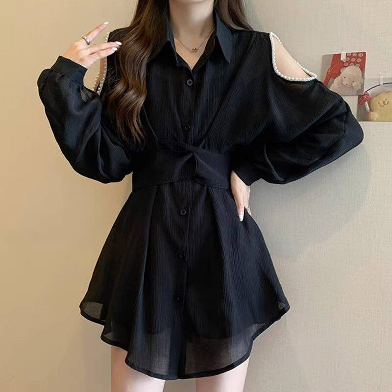 超大码2-300斤胖mm珍珠露肩衬衫裙女中长款早秋衬衣两件套潮