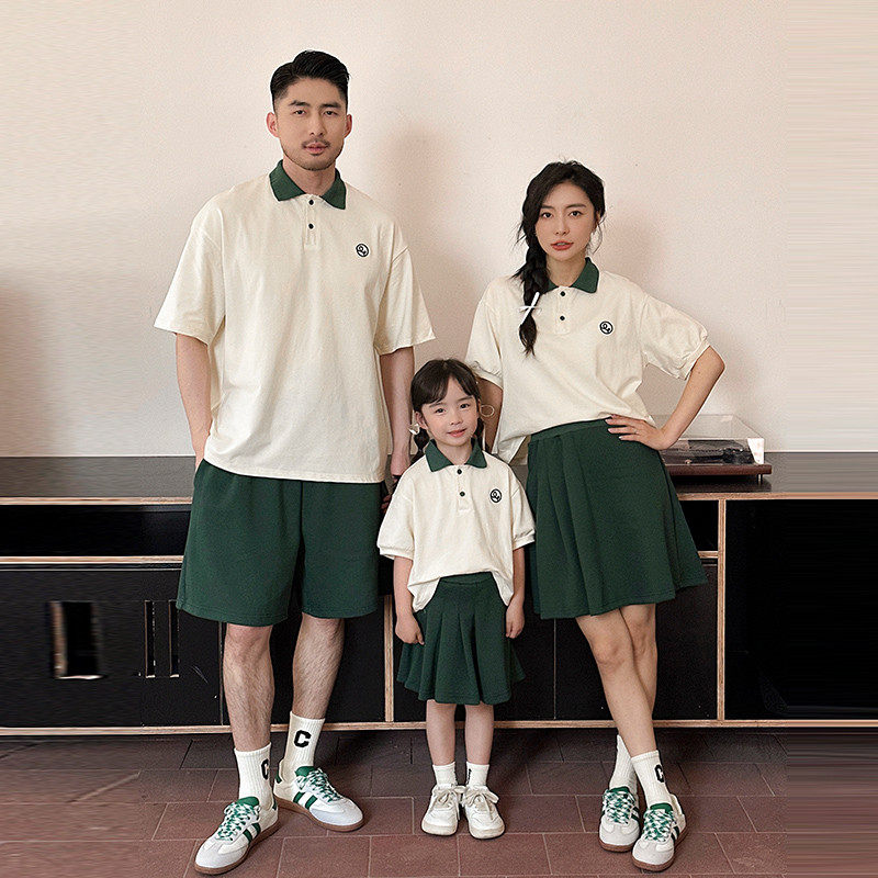亲子装一三四口夏季休闲polo衫套装母女幼儿园班服活动表演服潮