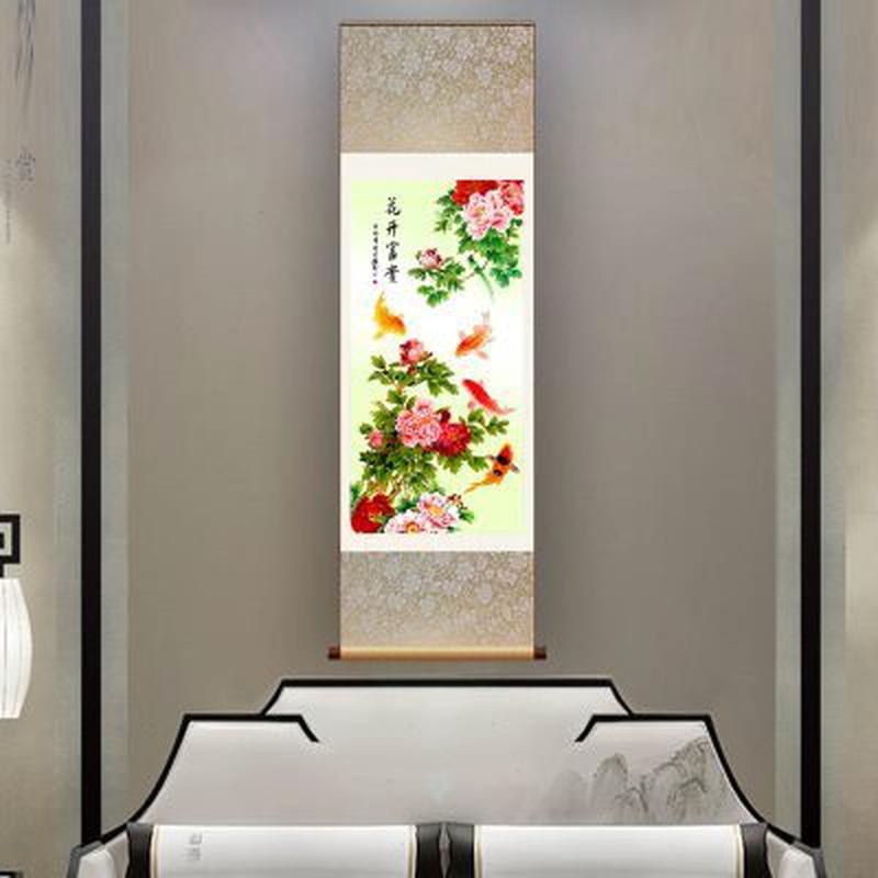 丝绸画客厅办公室挂画卷轴国画字画牡丹画花开富贵鲤鱼图吉祥