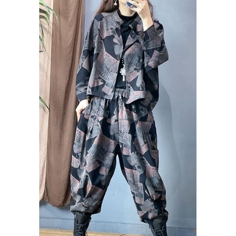 2022春装新款文艺两件套宽松显瘦大码印花洋气减龄牛仔套装女
