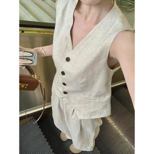 高级感老钱风马甲长裤两件套装女夏季新款气质亚麻马甲阔腿裤长裤