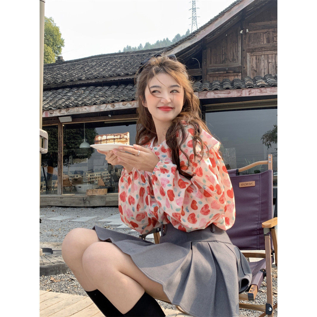 范雯雯 蜜糖爱心 甜美印花衬衫女夏季韩版衬衣宽松别致小众