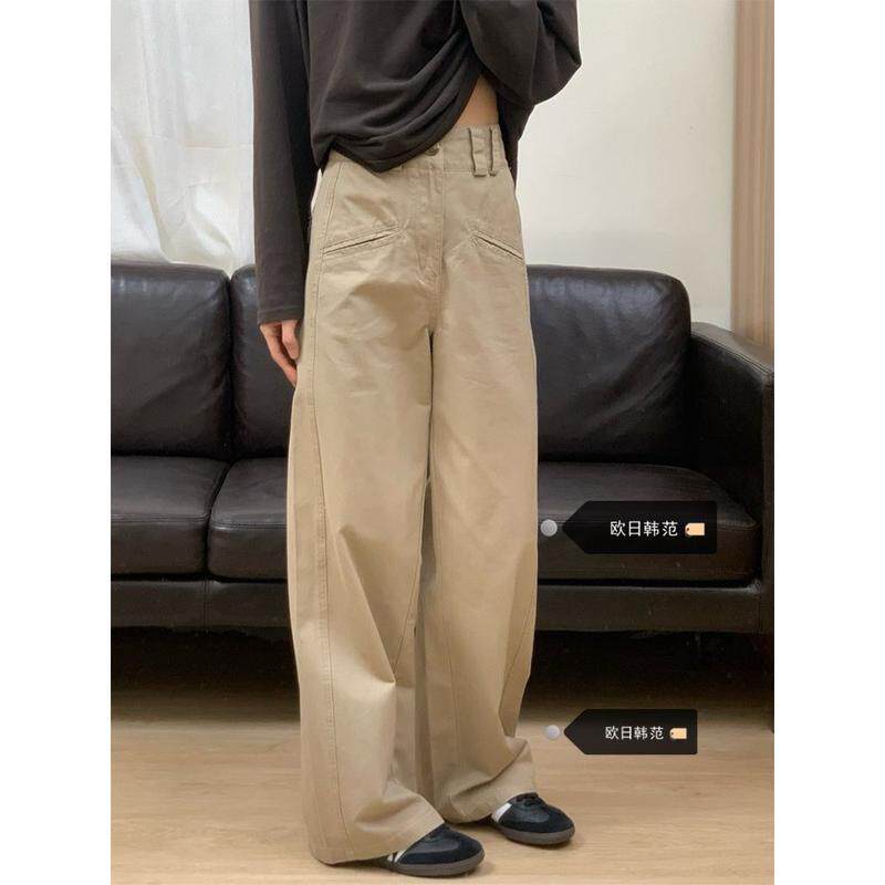 大码卡其色直筒阔腿裤女2024年新款设计感宽松休闲拖地潮