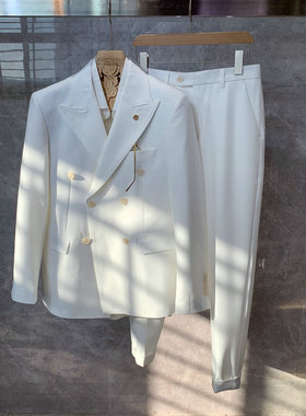 英伦风白色双排扣男士正装结婚新郎婚时尚套装潮