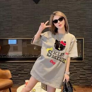 大码纯棉t恤夏季2024年新款韩版宽松中长款卡通印花