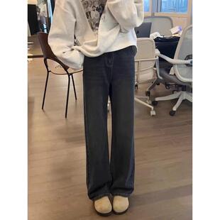 大码胖妹妹mm蓝灰牛仔直筒秋季宽松显瘦阔腿拖地裤200斤