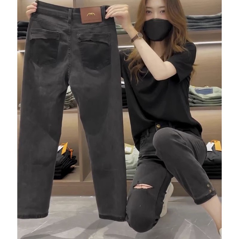 梨形身材大码破洞牛仔烟管女胖妹妹mm弹力显瘦九分直筒裤