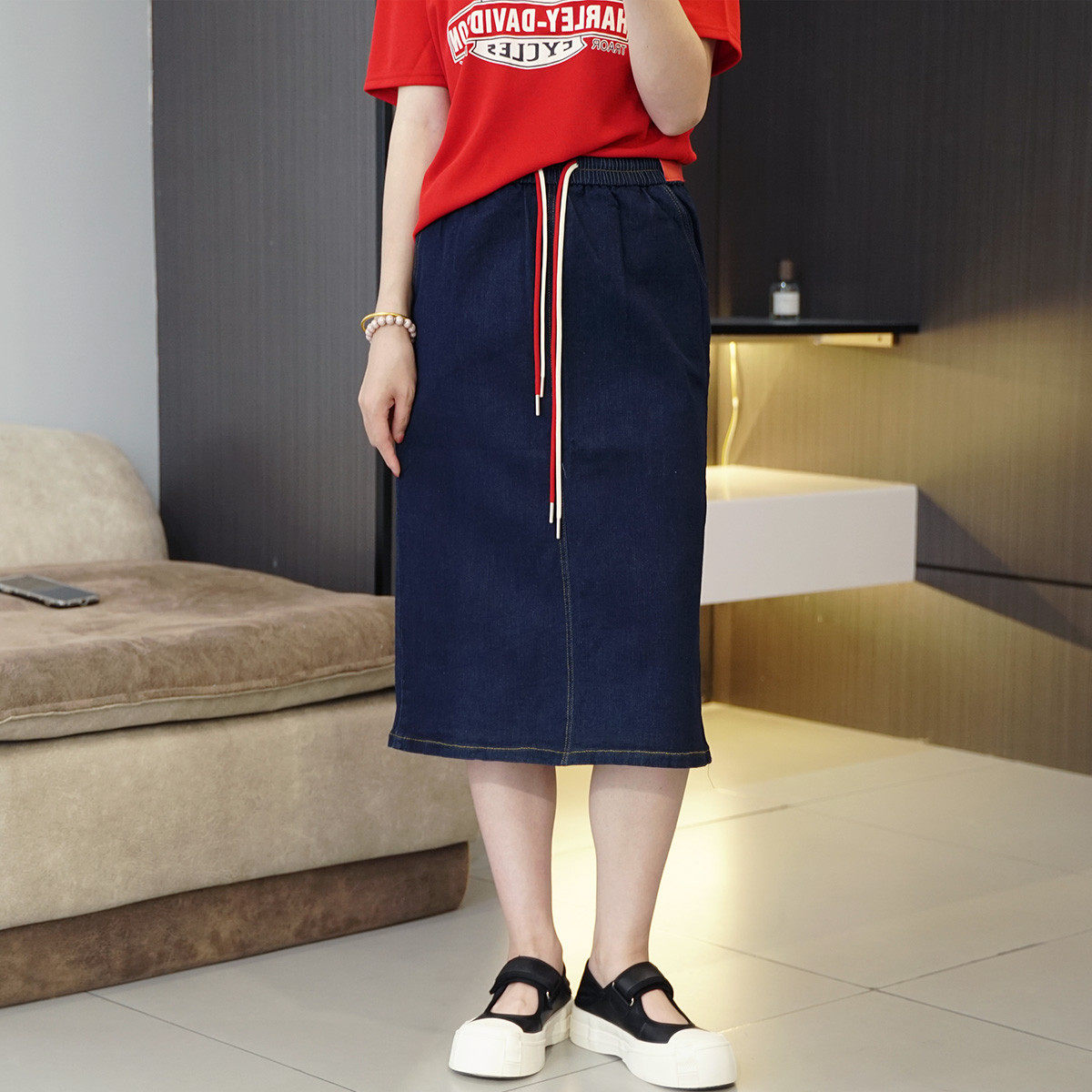 胖mm高弹抽绳牛仔夏季包臀一步裙大码松紧腰韩版中长款女裙,女装/女士精品,大码半身裙,淘宝优惠券,粉丝福利购,淘宝优惠卷