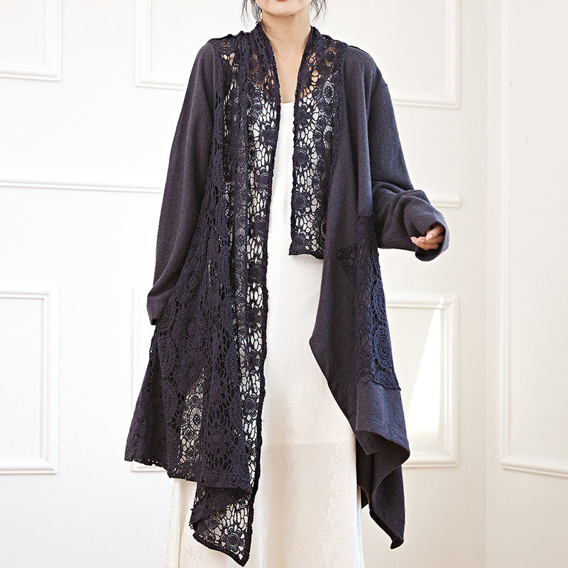 蕾丝拼接棉毛衣开衫女中长款2024秋冬季新款女慵懒风,女装/女士精品,毛针织衫,淘宝优惠券,粉丝福利购,淘宝优惠卷