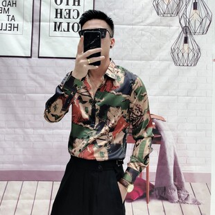 长袖衬衫男韩版免烫花衬衣社会青年帅气夜店美发