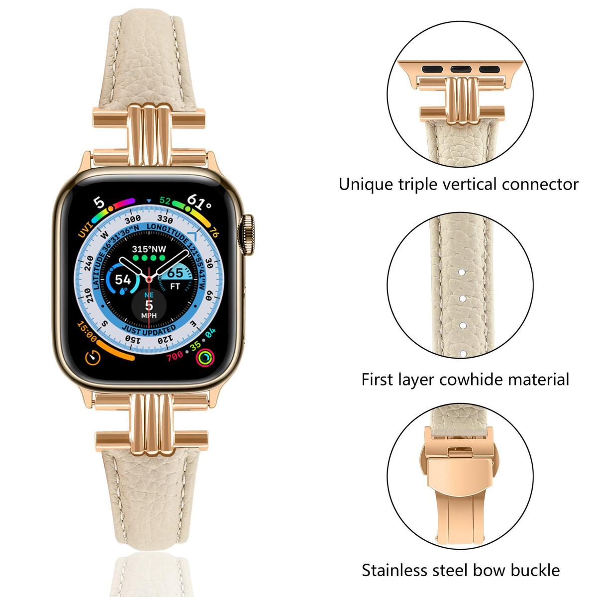 适用苹果手表表带真皮荔枝纹apple iwatch78三竖头金属蝴蝶扣表带