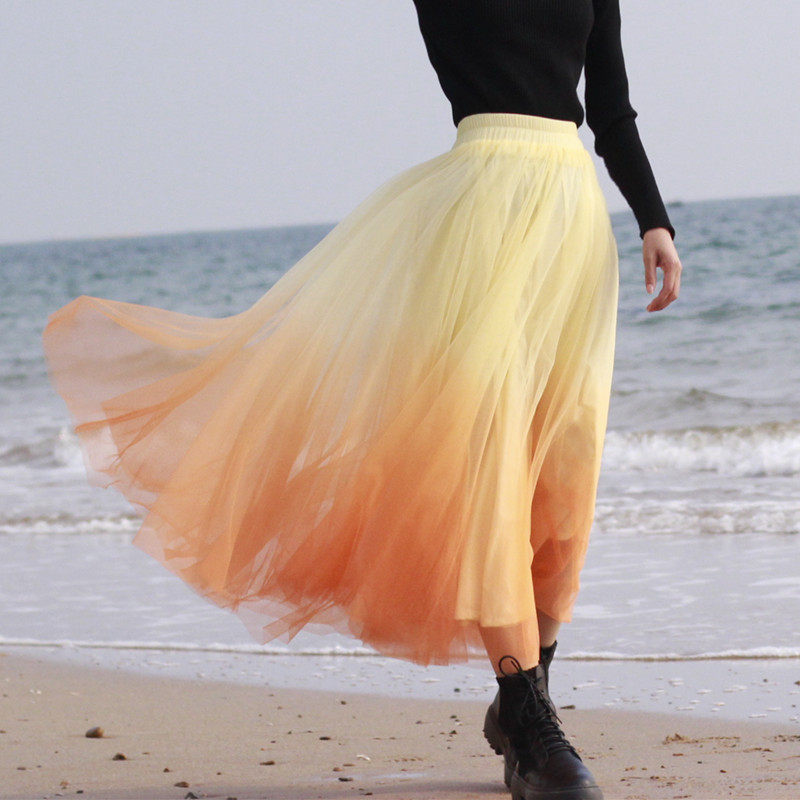 网纱中长款a字收腰大摆黄色渐变公主仙女伞裙2024,女装/女士精品,半身裙,淘宝优惠券,粉丝福利购,淘宝优惠卷
