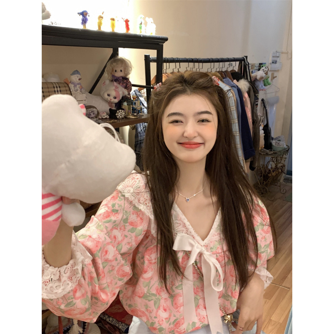范雯雯 蔷薇少女 韩版蕾丝系带碎花衬衫女夏季甜美衬衣宽松