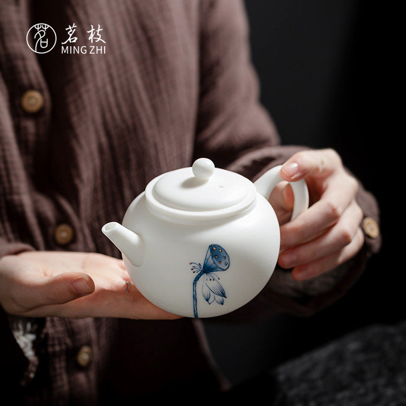 茗枝中式手绘青花羊脂玉白瓷茶壶单个冲茶器泡茶壶陶瓷家用大容量