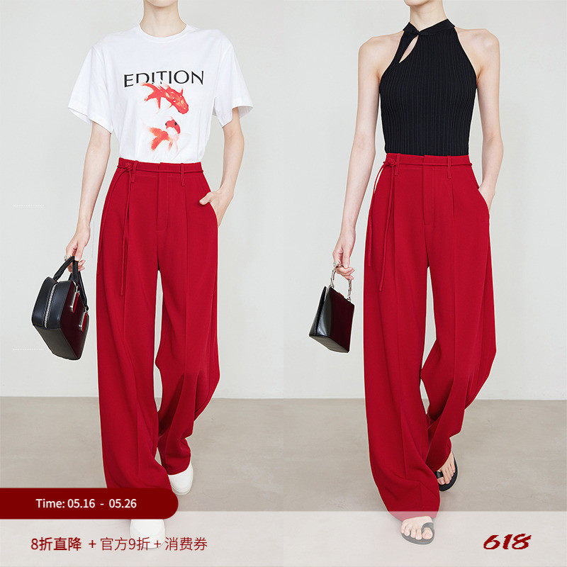 夏莫卡国风盘扣新中式垂感裤直筒裤女红色阔腿裤7712,女装/女士精品,休闲裤,淘宝优惠券,粉丝福利购,淘宝优惠卷