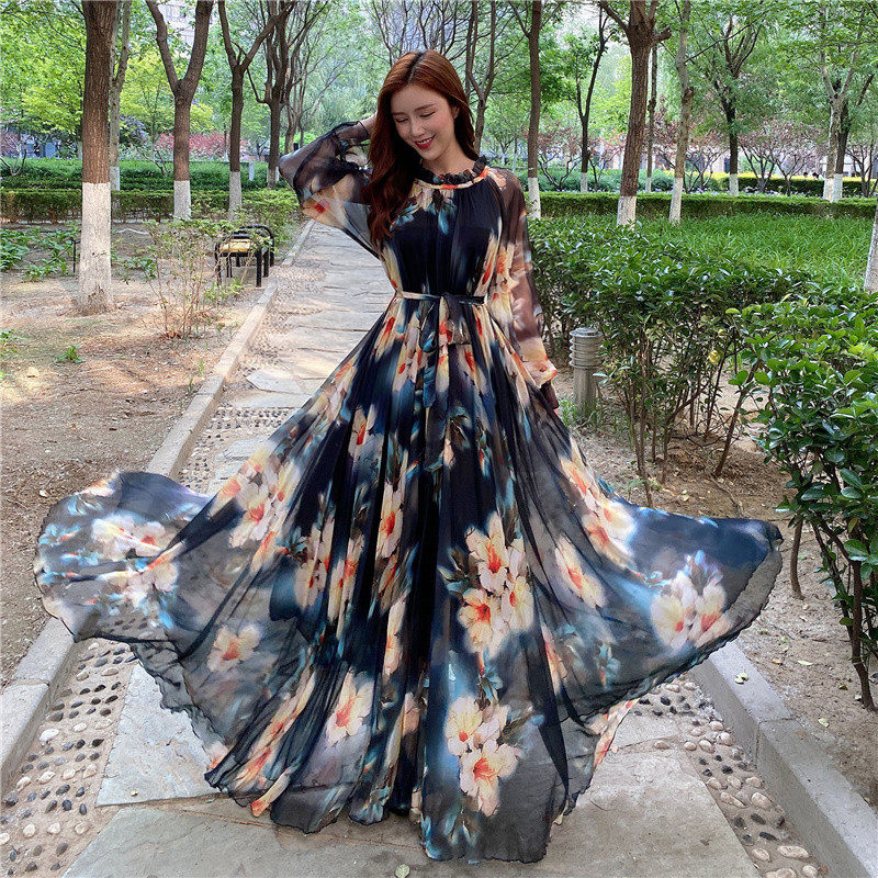 旅拍沙漠超长款印花大码及踝长袖超大裙摆雪纺仙女,女装/女士精品,连衣裙,淘宝优惠券,粉丝福利购,淘宝优惠卷