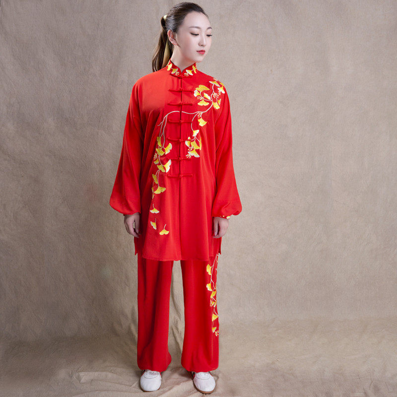 新款太极服舞台表演服刺绣银杏高弹丝麻练功服中长款太极拳服包邮