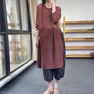 古与色春季文艺宽松中长款开衩斜盘扣长袖低圆领毛衣女