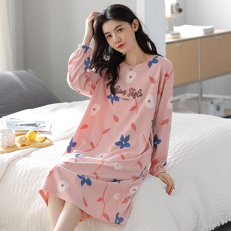 新品春秋款100%纯棉睡裙女长袖中长款宽松显瘦网红风全棉休闲家居